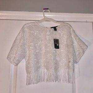 Lace cropped tassel blouse